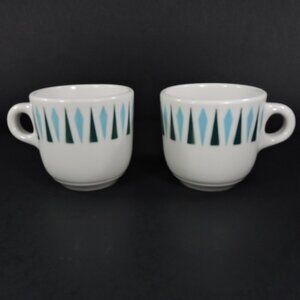 2 Vintage Jackson Custom China Mugs 10 oz - White With Blue Green Design